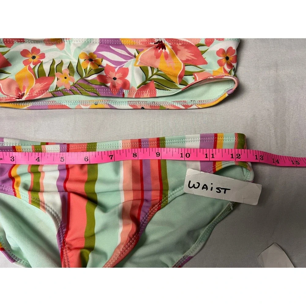 Girls Tropical Floral High Neck Bikini Set Multicolor Striped Two Piece Swimsuit